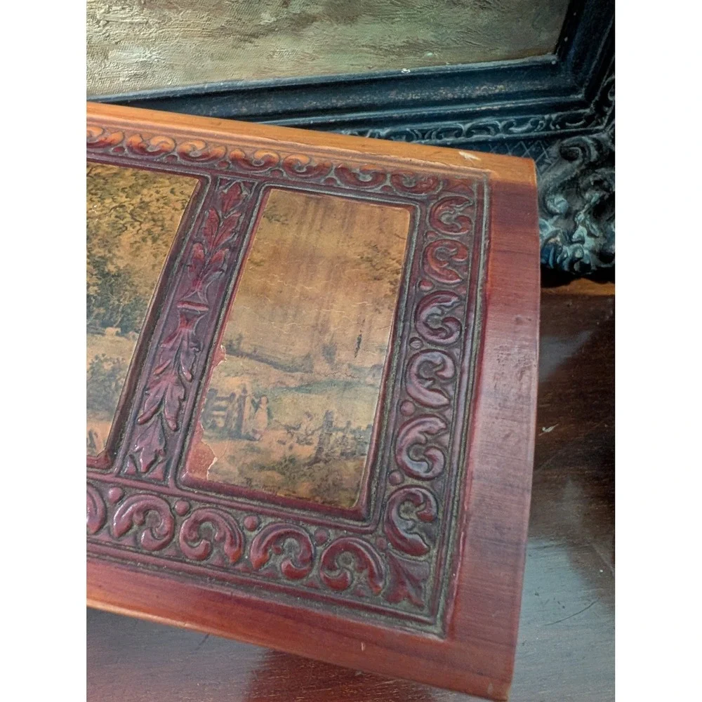 Vintage Carved Cedar Wood Jewelry Box Pastoral Landscape Mirror Trinket Chest